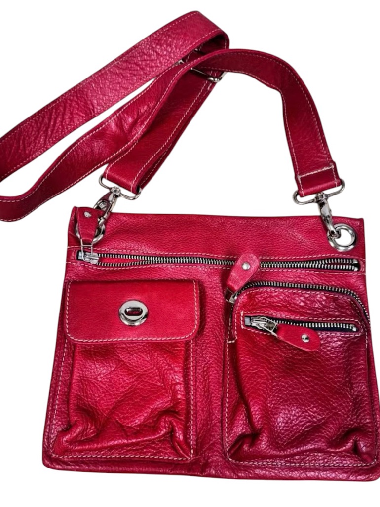 Roots Red Pebbled Leather Medium Crossbody/Shoulder Bag With Silver Hardware
